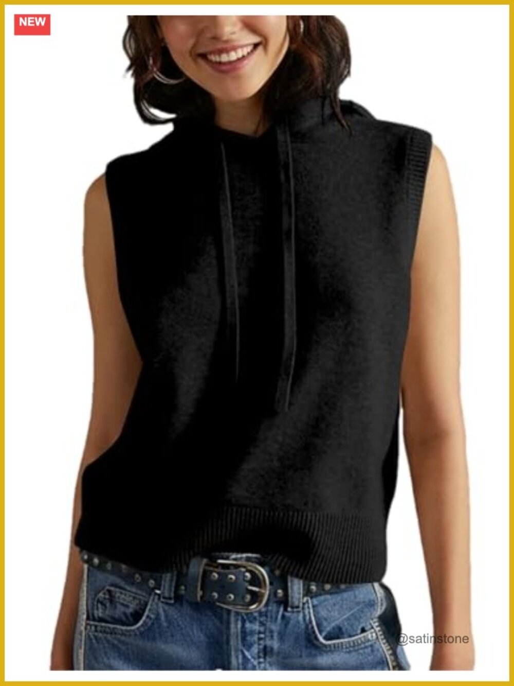 Soft Knit Hooded Sweater Vest Sleeveless Drawstring Pullover Casual